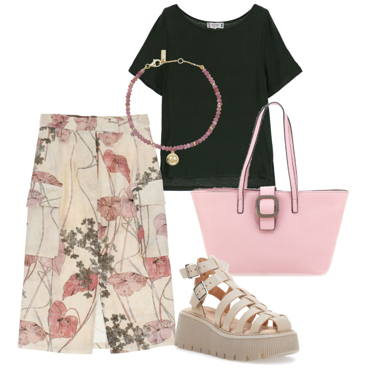 Outfit donna - Acquerello. Stile Bon Ton per Tutti i giorni. Abbinamento con t-shirt, braccialetti, gonne longuette, borse a spalla, sandali in pelle.