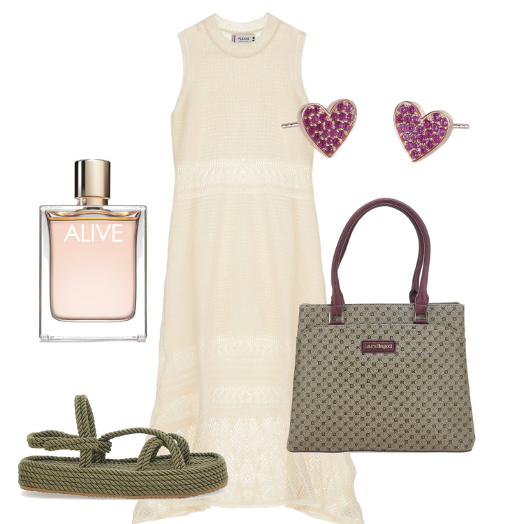 Outfit donna - Grosgrain. Stile Chic per Tutti i giorni. Abbinamento con profumi, orecchini, vestiti lunghi, borse a mano, sandali.