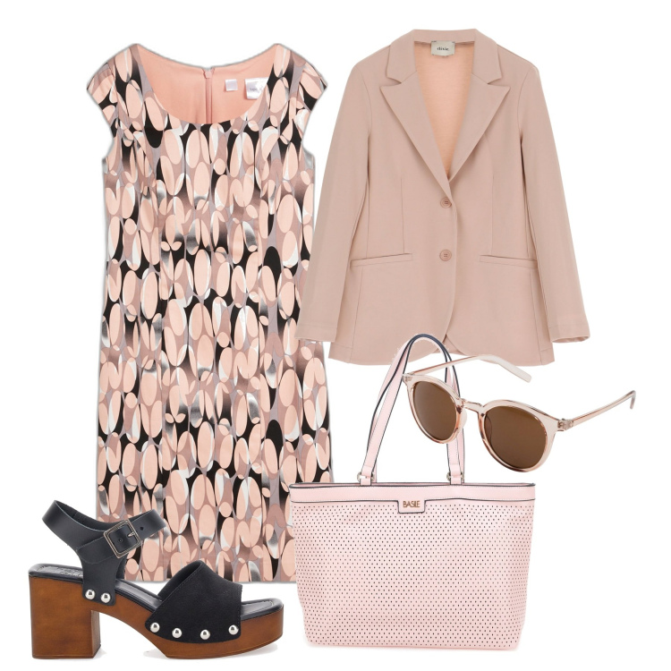 Outfit donna - Sicura coi tacchi. Stile Bon Ton per Tutti i giorni. Abbinamento con occhiali da sole, vestiti a tubino, blazer, borse a spalla, sandali in pelle.