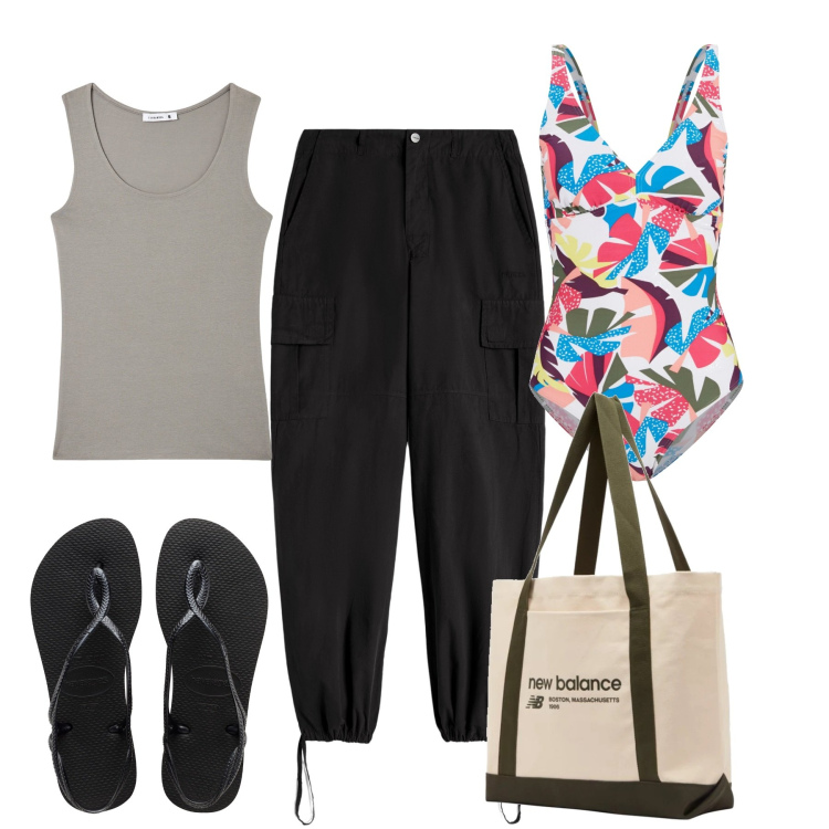 Outfit donna - Al mare. Stile Urban per Mare. Abbinamento con costumi interi, canottiere, borse tote, pantaloni cargo, sandali.