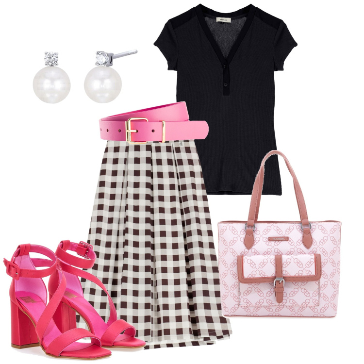 Outfit donna - Molto bon ton. Stile Bon Ton per Tutti i giorni. Abbinamento con cinture, orecchini, gonne lunghe, t-shirt, sandali col tacco, borse a spalla.