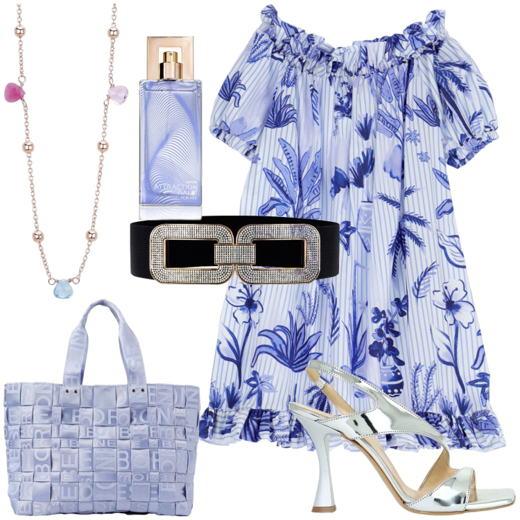 Outfit donna - Total look #1939566. Stile Casual chic per Serata fuori. Abbinamento con profumi, collane, cinture, vestiti corti, sandali in pelle, borse a spalla.