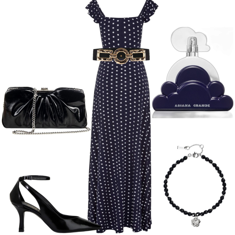 Outfit donna - Total look #1939573. Stile Chic per Serata fuori. Abbinamento con vestiti lunghi, profumi, braccialetti, cinture, pochette, décolleté.