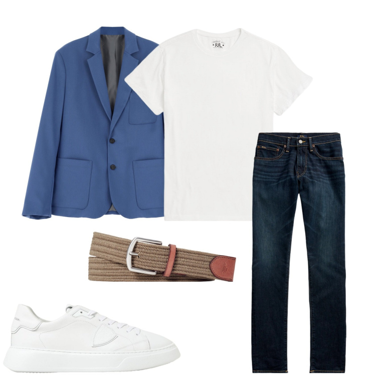Outfit uomo - Elegante sportivo. Stile Trendy per Tutti i giorni. Abbinamento con giacche, t-shirt, cinture, jeans skinny, sneakers.