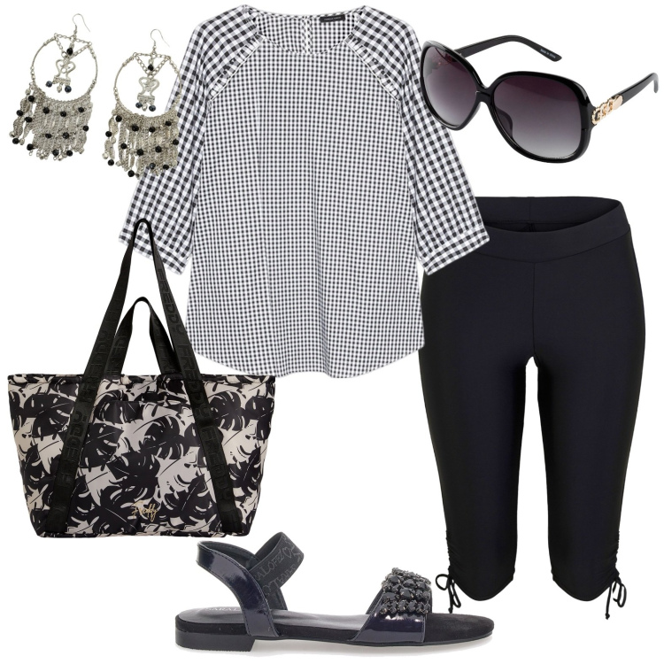 Outfit donna - Total look #1939583. Stile Casual per Tutti i giorni. Abbinamento con occhiali da sole, pantaloni capri, shopping bag, orecchini, sandali in pelle, bluse.