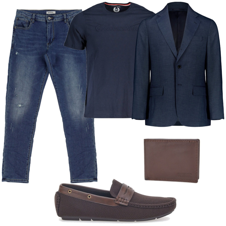 Outfit uomo - Total look #1939589. Stile Casual per Ufficio. Abbinamento con jeans slim fit, scarpe stringate, t-shirt, abiti, portafogli.