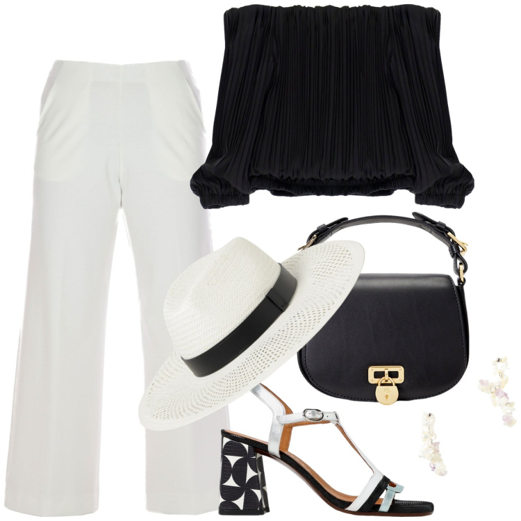 Outfit donna - Total look #1939594. Stile Casual chic per Tutti i giorni. Abbinamento con top, borse a tracolla, sandali col tacco, pantaloni, orecchini, cappelli.