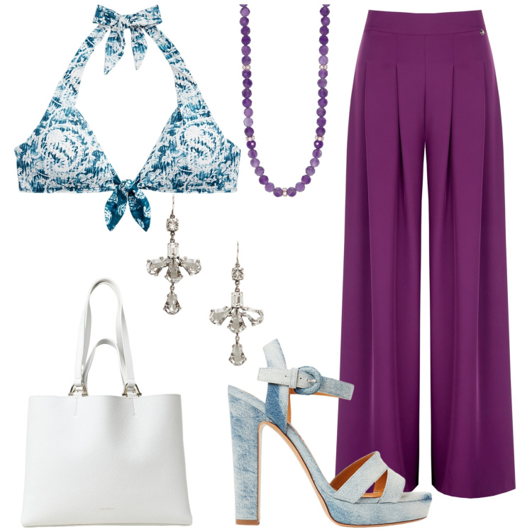 Outfit donna - Summer nights. Stile Trendy per Serata fuori. Abbinamento con collane, pantaloni a palazzo, top, orecchini, sandali col tacco, borse tote.