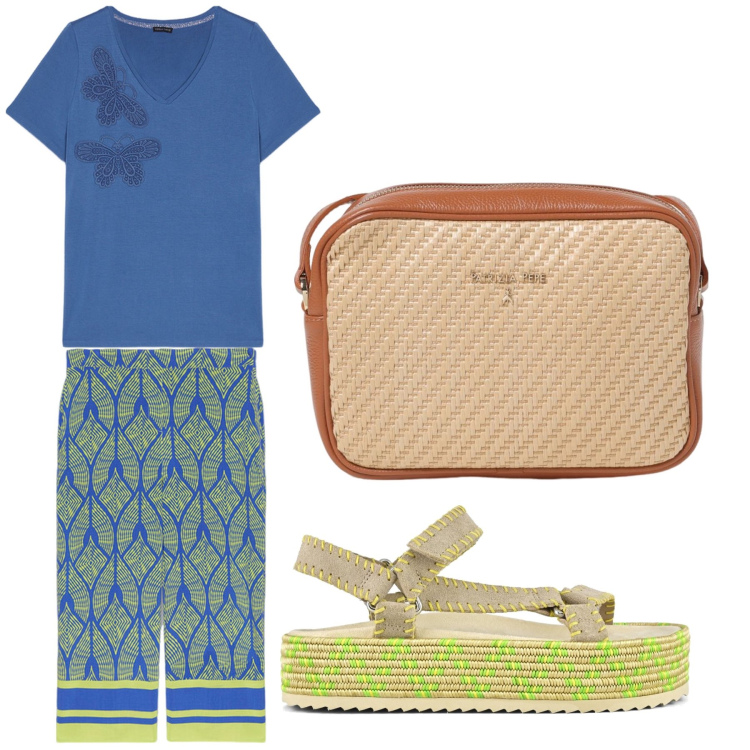 Outfit donna - Aperitivo. Stile Boho per Tutti i giorni. Abbinamento con sandali, pantaloni, borse a tracolla, t-shirt.