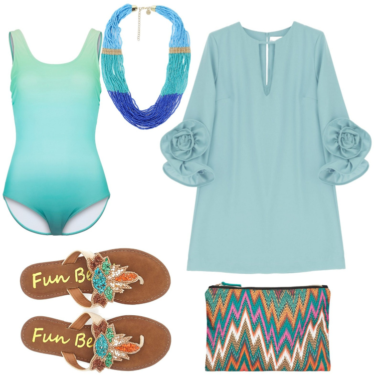 Outfit donna - Total look #1939609. Stile Casual per Mare. Abbinamento con costumi interi, vestiti corti, collane, pochette, infradito.