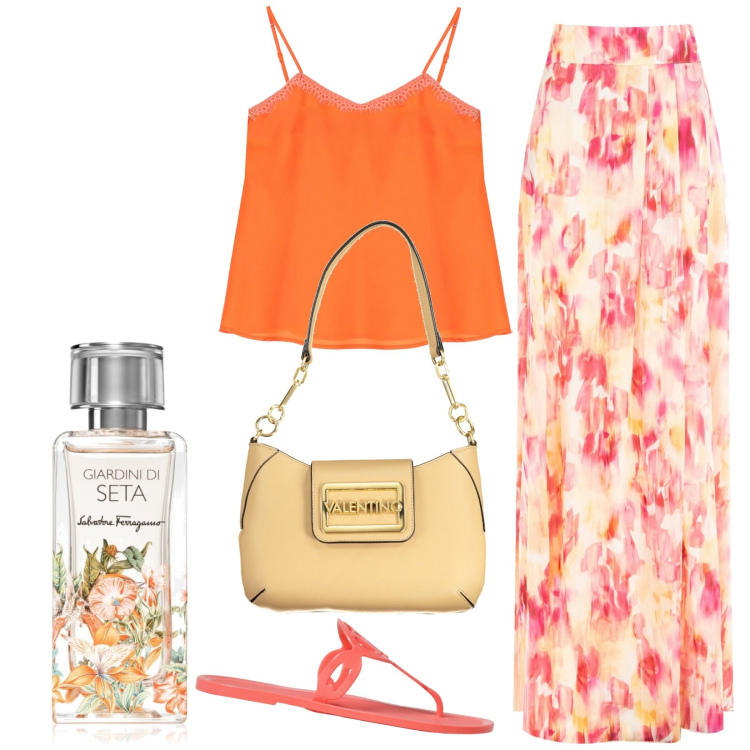 Outfit donna - Un\' americana a Roma. Stile Trendy per Tutti i giorni. Abbinamento con gonne lunghe, profumi, top, ciabatte, borse a spalla.