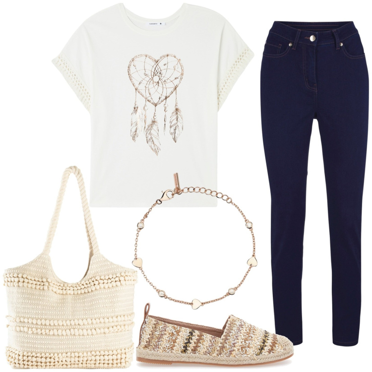 Outfit donna - L\' acchiappasogni. Stile Casual per Tutti i giorni. Abbinamento con pantaloni, shopping bag, t-shirt, braccialetti, espadrillas.