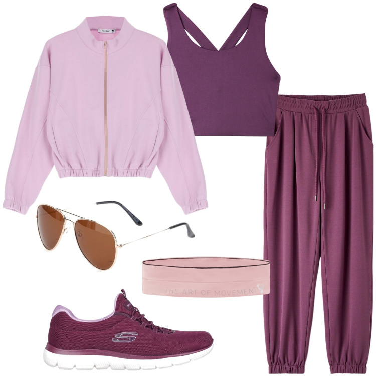 Outfit donna - Sporty chic. Stile Basic per Tutti i giorni. look ideale per Petite. Abbinamento con pantaloni, canottiere, felpe, marsupi, occhiali da sole, sneakers.