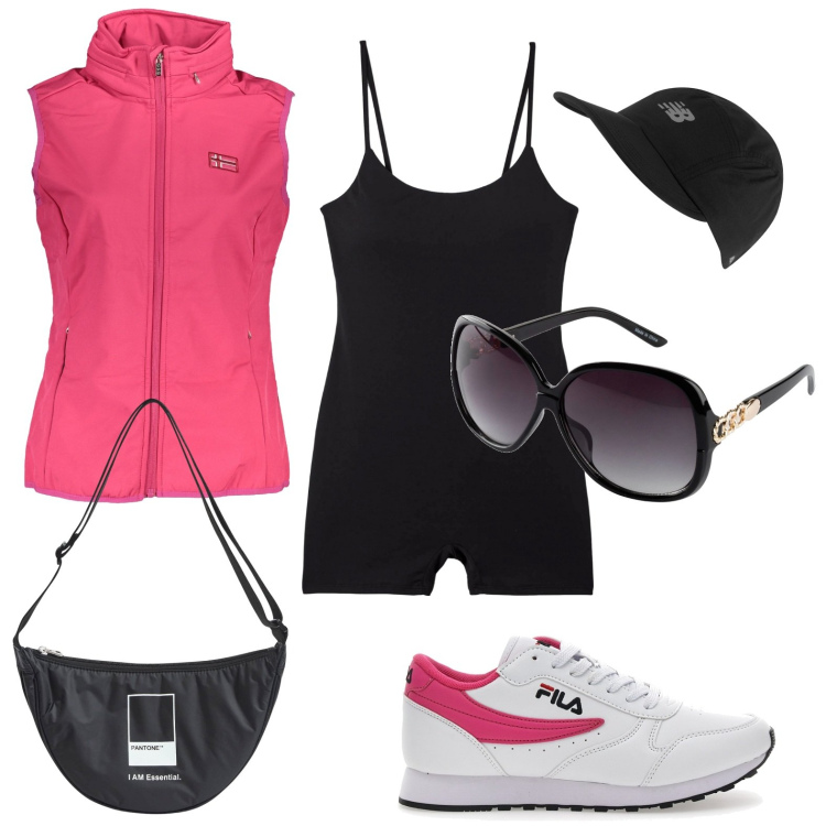 Outfit donna - La tuta sportiva. Stile Sporty chic per Tutti i giorni. look ideale per Petite. Abbinamento con occhiali da sole, marsupi, tuta corta, cappelli, sneakers, blazer.
