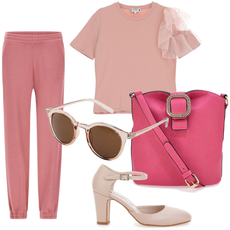 Outfit donna - La t-shirt con il tulle. Stile Casual per Tutti i giorni. look ideale per Petite. Abbinamento con occhiali da sole, t-shirt, pantaloni, décolleté, borse a tracolla.