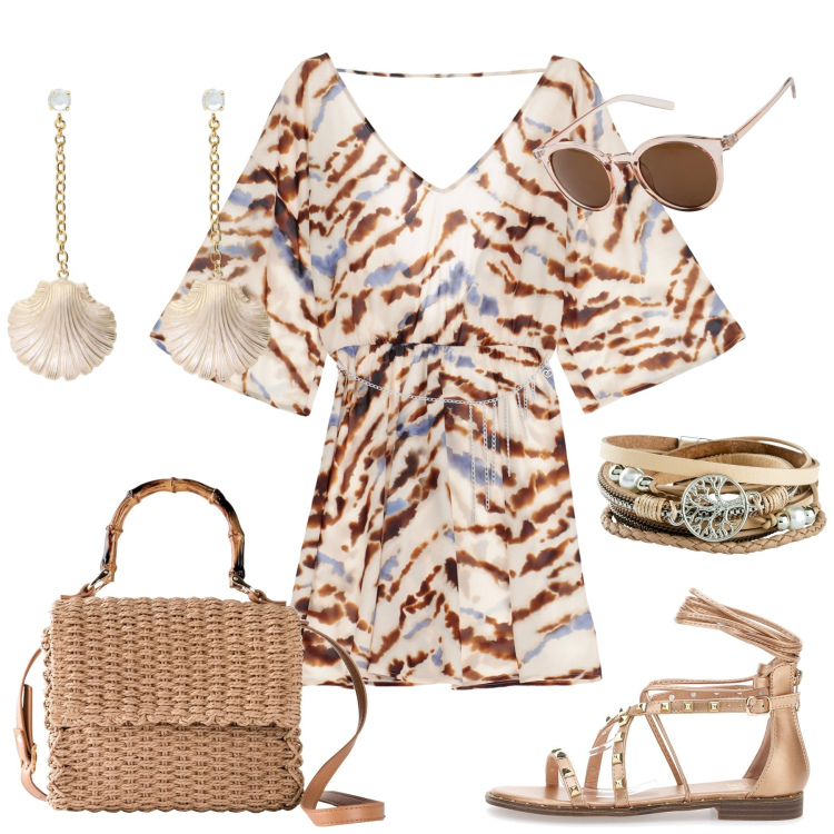 Outfit donna - Abito animalier. Stile Boho per Tutti i giorni. Abbinamento con braccialetti, occhiali da sole, borse a mano, vestiti corti, orecchini, sandali alla schiava.