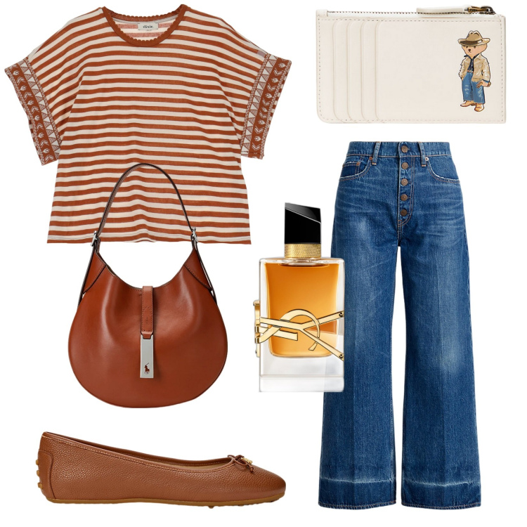 Outfit donna - Total look #1939728. Stile Casual per Tutti i giorni. Abbinamento con profumi, borse a spalla, portafogli, jeans, ballerine, t-shirt.