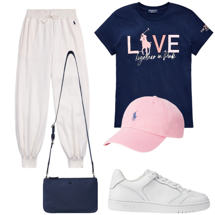 Outfit donna - Polo Love. Stile Sporty chic per Tutti i giorni. Abbinamento con cappelli, sneakers, t-shirt, pantaloni, borse a tracolla.