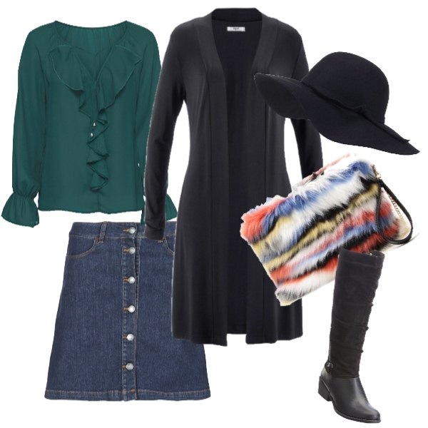 Outfit donna - Gonna di jeans. Stile Basic per Tutti i giorni. Abbinamento con cardigans, blusa con volant, stivali con zip nero, cappello, gonna blu, pelliccia.