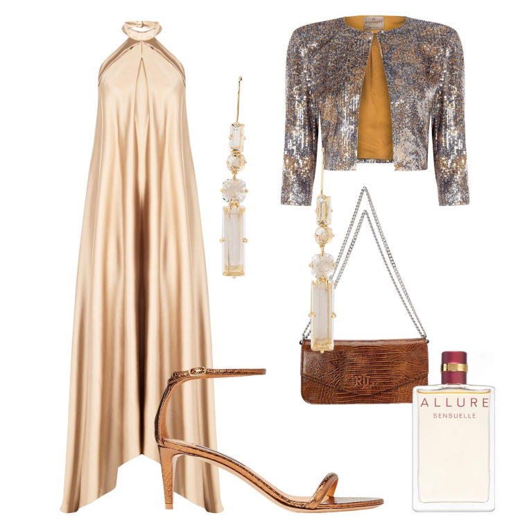 Outfit donna - Cena romantica. Stile Chic per Serata fuori. Abbinamento con profumi, vestiti lunghi, blazer, sandali col tacco, borse a spalla, orecchini.