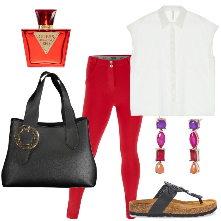 Outfit donna - Profumo indimenticabile. Stile Bon Ton per Tutti i giorni. look ideale per Petite. Abbinamento con profumi, orecchini, camicie a manica corta, pantaloni skinny, borse a spalla, infradito.
