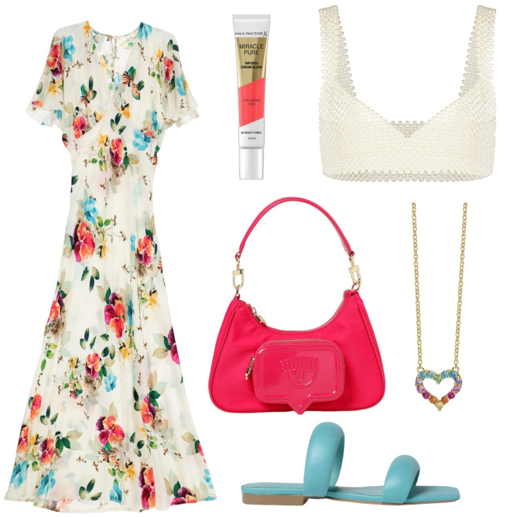 Outfit donna - L\'abito colorato. Stile Bon Ton per Tutti i giorni. look ideale per Petite. Abbinamento con blush, collane, reggiseni, vestiti lunghi, sandali in pelle, borse a spalla.