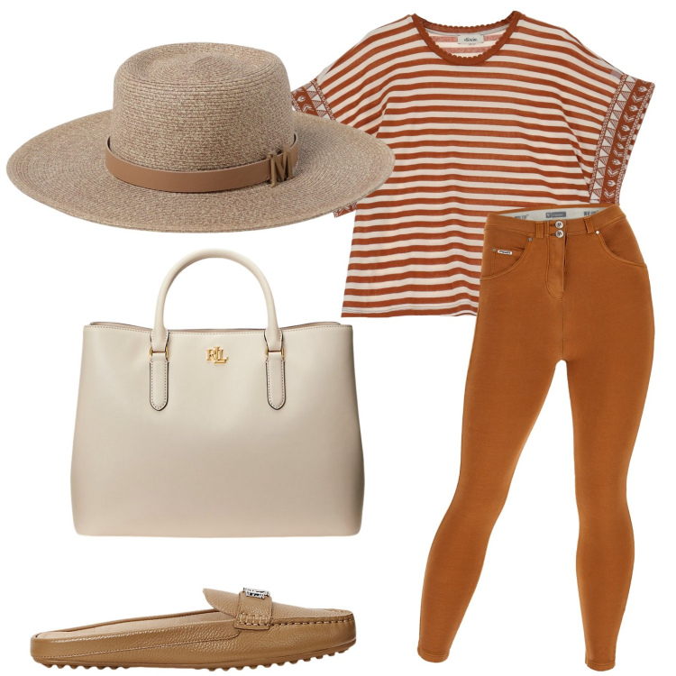Outfit donna - Righe per l\'estate. Stile Glamour per Tutti i giorni. look ideale per Petite. Abbinamento con pantaloni skinny, borse a mano, sabot, t-shirt, cappelli.