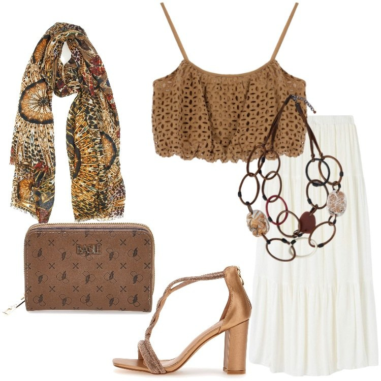 Outfit donna - Boho chic per la serata fuori. Stile Boho per Serata fuori. Abbinamento con gonne lunghe, top, portafogli, sandali col tacco, collane, sciarpe.
