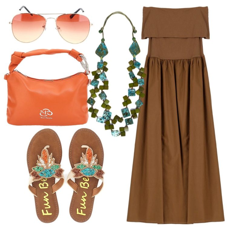 Outfit donna - Ferragosto in spiaggia. Stile Etnico per Serata fuori. Abbinamento con vestiti lunghi, collane, infradito, borse a mano, occhiali da sole.