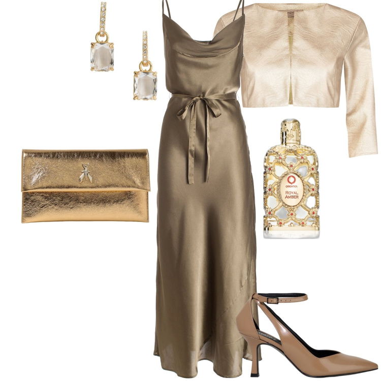 Outfit donna - Cerimonia intima. Stile Chic per Cerimonia. Abbinamento con profumi, bolero, vestiti lunghi, décolleté, orecchini, clutch.