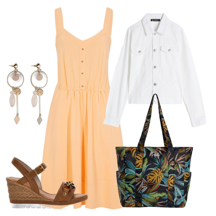 Outfit donna - Fresco della sera. Stile Bon Ton per Tutti i giorni. Abbinamento con orecchini, vestiti midi/longuette, shopping bag, blazer, sandali.