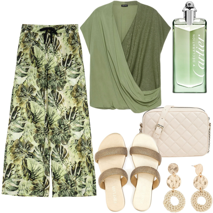 Outfit donna - Total look #1939796. Stile Casual per Tutti i giorni. Abbinamento con orecchini, profumi, borse a tracolla, pantaloni a palazzo, ciabatte, bluse.