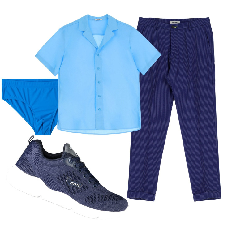 Outfit uomo - Blue ocean. Stile Business/Elegante per Cerimonia. Abbinamento con costumi, pantaloni, camicie a manica corta, sneakers.