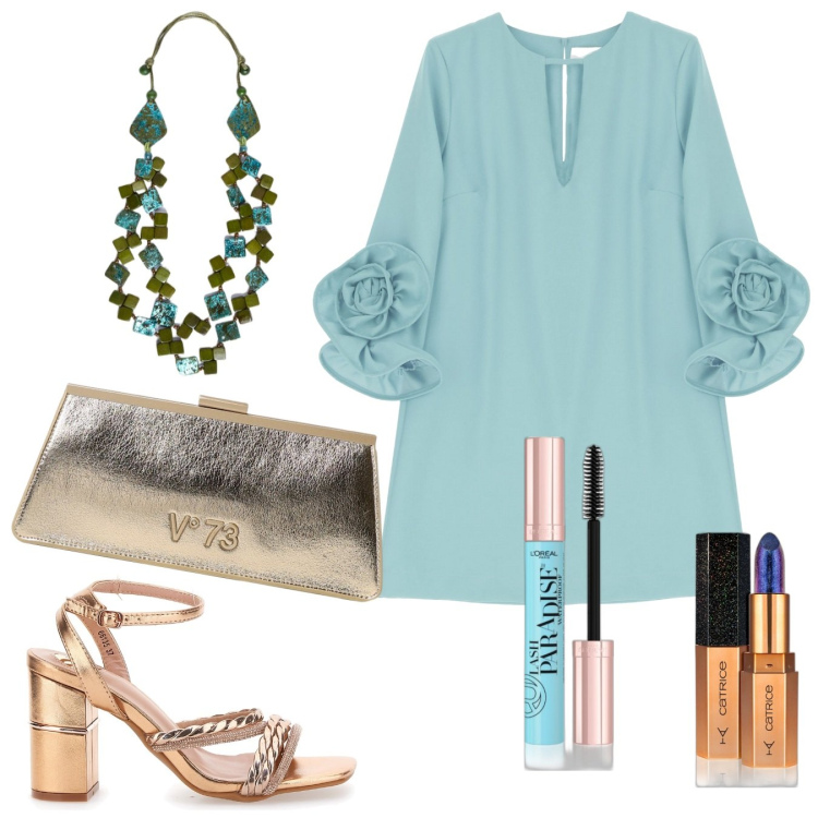 Outfit donna - Summer nights. Stile Glamour per Serata fuori. Abbinamento con mascara, rossetti, vestiti corti, collane, sandali col tacco, clutch.