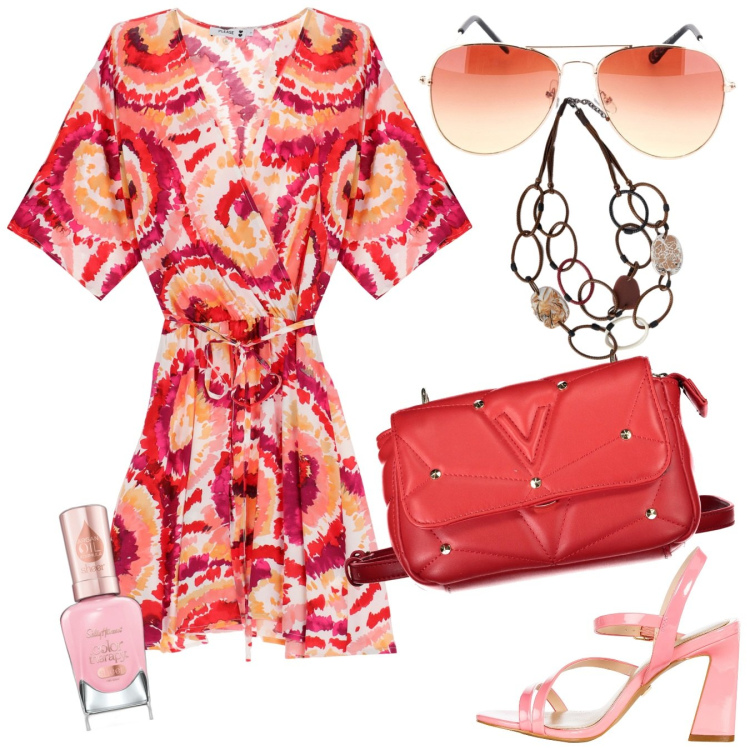 Outfit donna - Apricena in spiaggia. Stile Romantica per Serata fuori. Abbinamento con smalti, vestiti corti, sandali in pelle, borse a tracolla, occhiali da sole, collane.