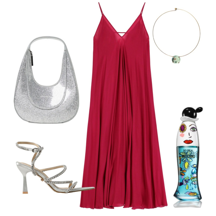 Outfit donna - Summer nights. Stile Chic per Serata fuori. Abbinamento con profumi, vestiti lunghi, ciondoli, borse a spalla, sandali col tacco.