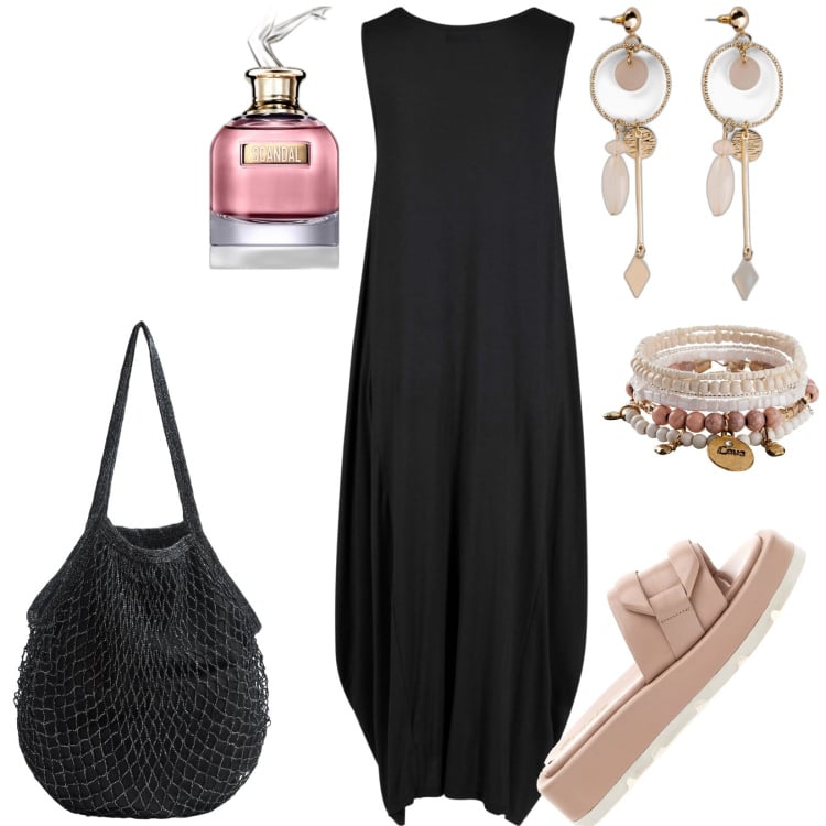 Outfit donna - Total look #1939813. Stile Casual per Tutti i giorni. Abbinamento con braccialetti, orecchini, vestiti lunghi, profumi, borse a tracolla, ciabatte.