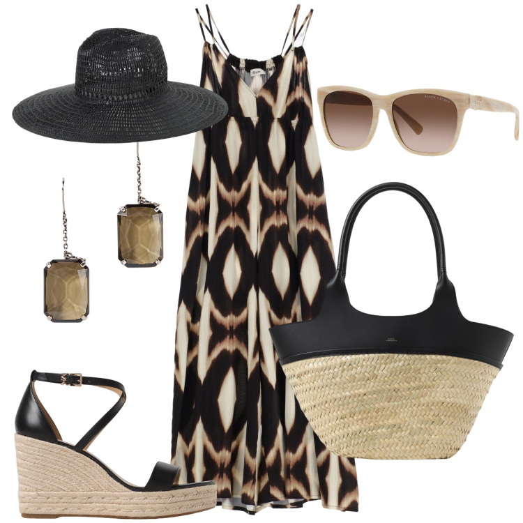 Outfit donna - La borsa in rafia. Stile Casual per Tutti i giorni. Abbinamento con tute, occhiali da sole, orecchini, espadrillas, borse a spalla, cappelli.
