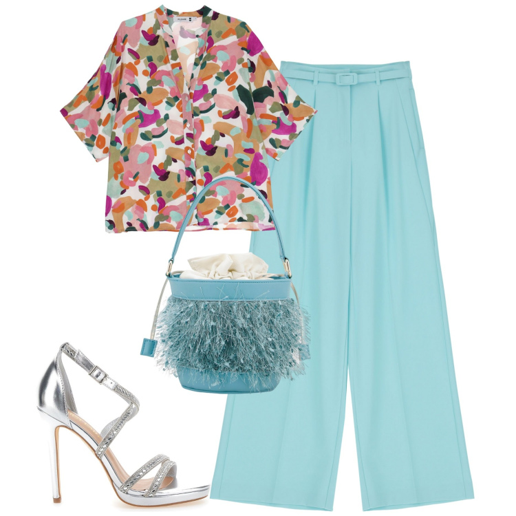 Outfit donna - Elegante. Stile Chic per Tutti i giorni. Abbinamento con pantaloni a palazzo, camicie a manica corta, borse a secchiello, sandali col tacco.