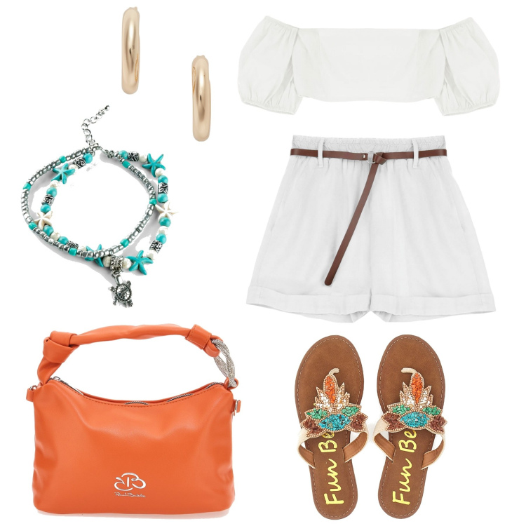 Outfit donna - Borsa arancio per l\'estate. Stile Casual chic per Tutti i giorni. Abbinamento con collane, top, shorts, orecchini, infradito, borse a mano.