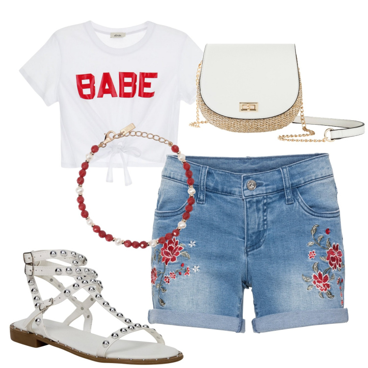 Outfit donna - Total look #1939867. Stile Casual per Tutti i giorni. Abbinamento con borse a tracolla, shorts, braccialetti, sandali, t-shirt.