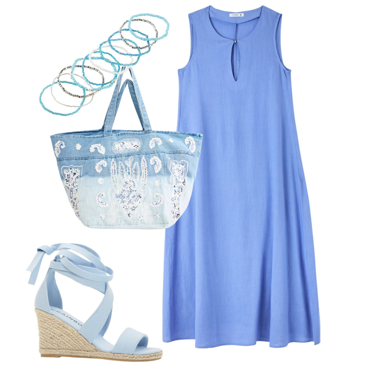 Outfit donna - Al mare. Stile Casual per Mare. Abbinamento con braccialetti, sandali, vestiti senza maniche, shopping bag.