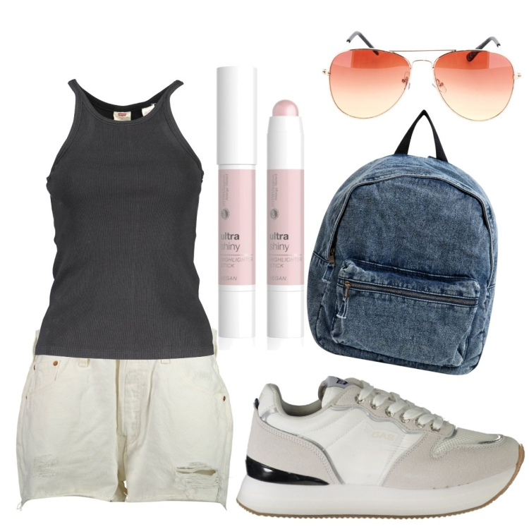 Outfit donna - In piscina. Stile Casual per Tutti i giorni. Abbinamento con fondotinta, zaini, sneakers, jeans strappati, camicie, occhiali da sole.