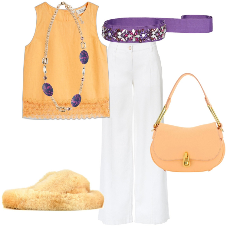 Outfit donna - Total look #1939896. Stile Boho per Tutti i giorni. Abbinamento con pantaloni a palazzo, top, ciondoli, cinture, ciabatte, borse a spalla.