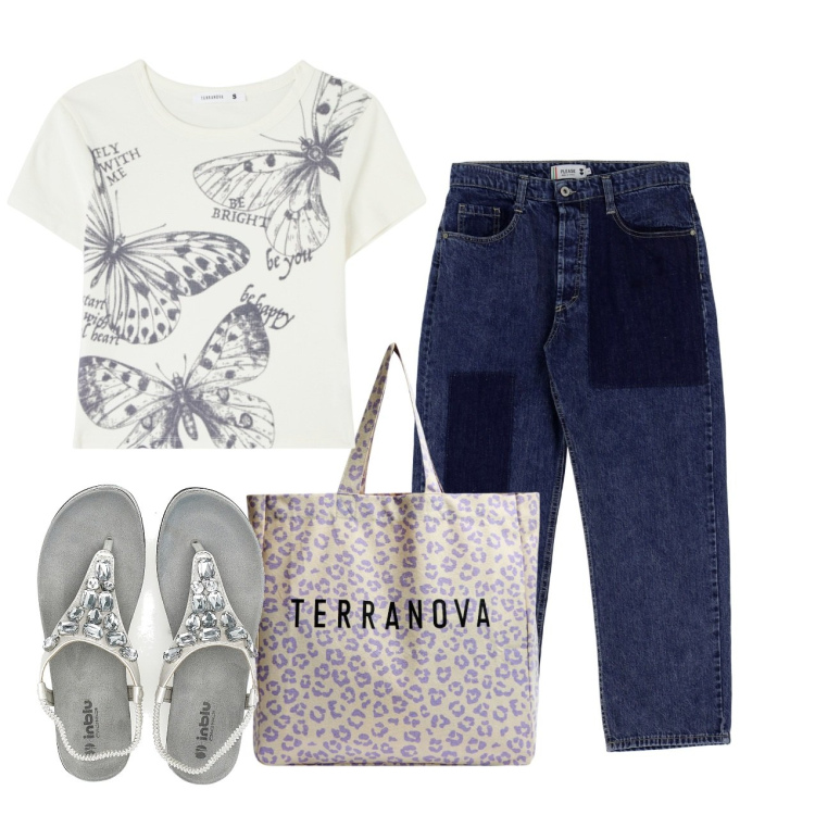 Outfit donna - Semplicemente. Stile Bon Ton per Tutti i giorni. Abbinamento con t-shirt, shopping bag, jeans dritti, sandali gioiello.
