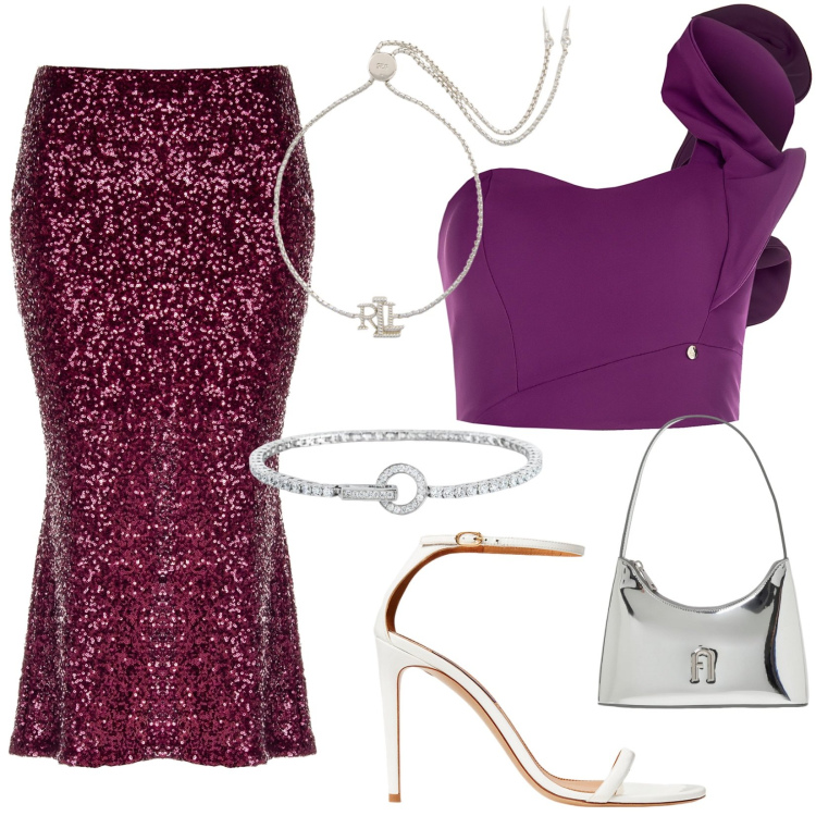 Outfit donna - Total look #1939948. Stile Glamour per Serata fuori. Abbinamento con braccialetti, top, gonne longuette, braccialetti, sandali in pelle, borse a spalla.