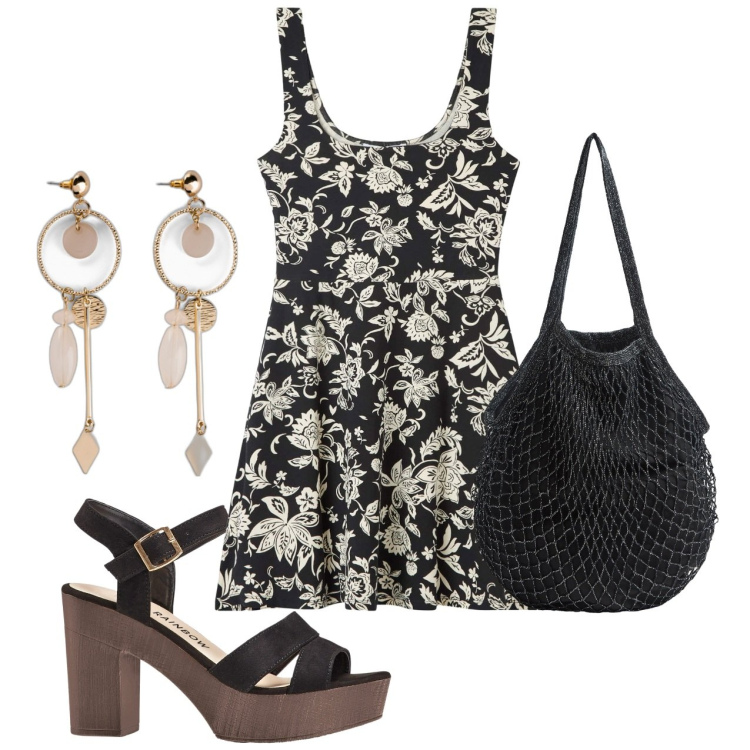 Outfit donna - Mini. Stile Bon Ton per Tutti i giorni. Abbinamento con orecchini, sandali col tacco, vestiti corti, borse a tracolla.