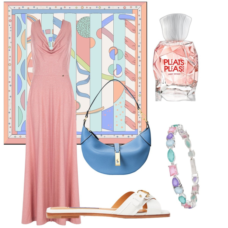 Outfit donna - L’abito pesca. Stile Etnico per Cerimonia. Abbinamento con profumi, braccialetti, vestiti lunghi, sandali col tacco, borse a spalla, foulard.