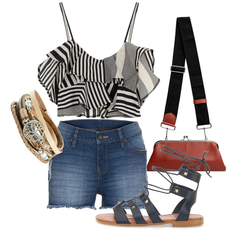 Outfit donna - Con brio. Stile Casual chic per Tutti i giorni. Abbinamento con braccialetti, shorts, top, sandali, clutch.