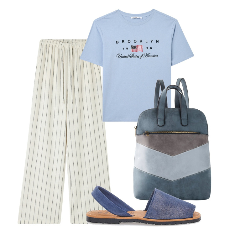 Outfit donna - All\'università. Stile Basic per Scuola/Università. Abbinamento con zaini, pantaloni, t-shirt, sandali in pelle.